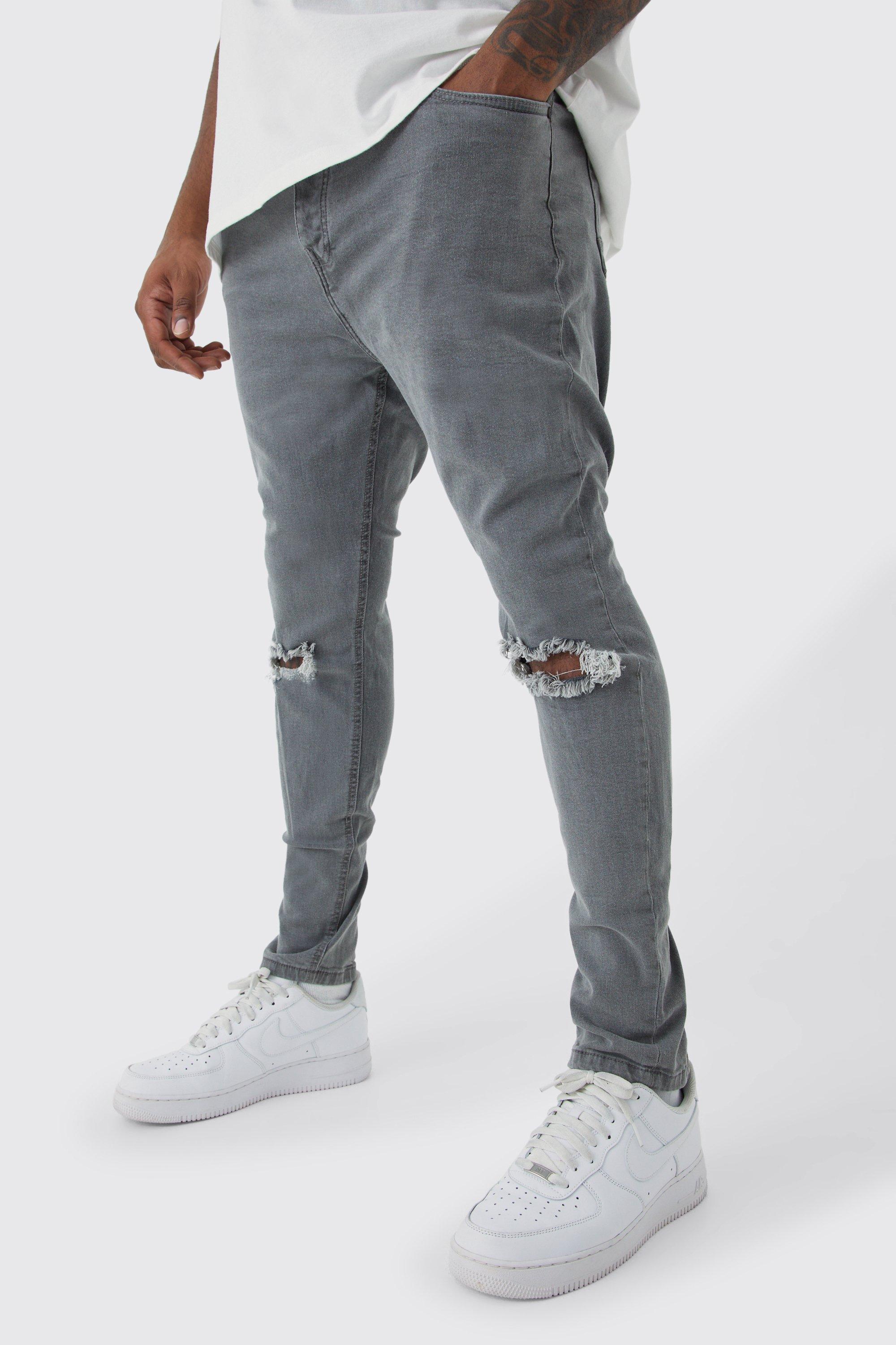 Mens Grey Plus Super Skinny Stretch Ripped Knee Jeans, Grey